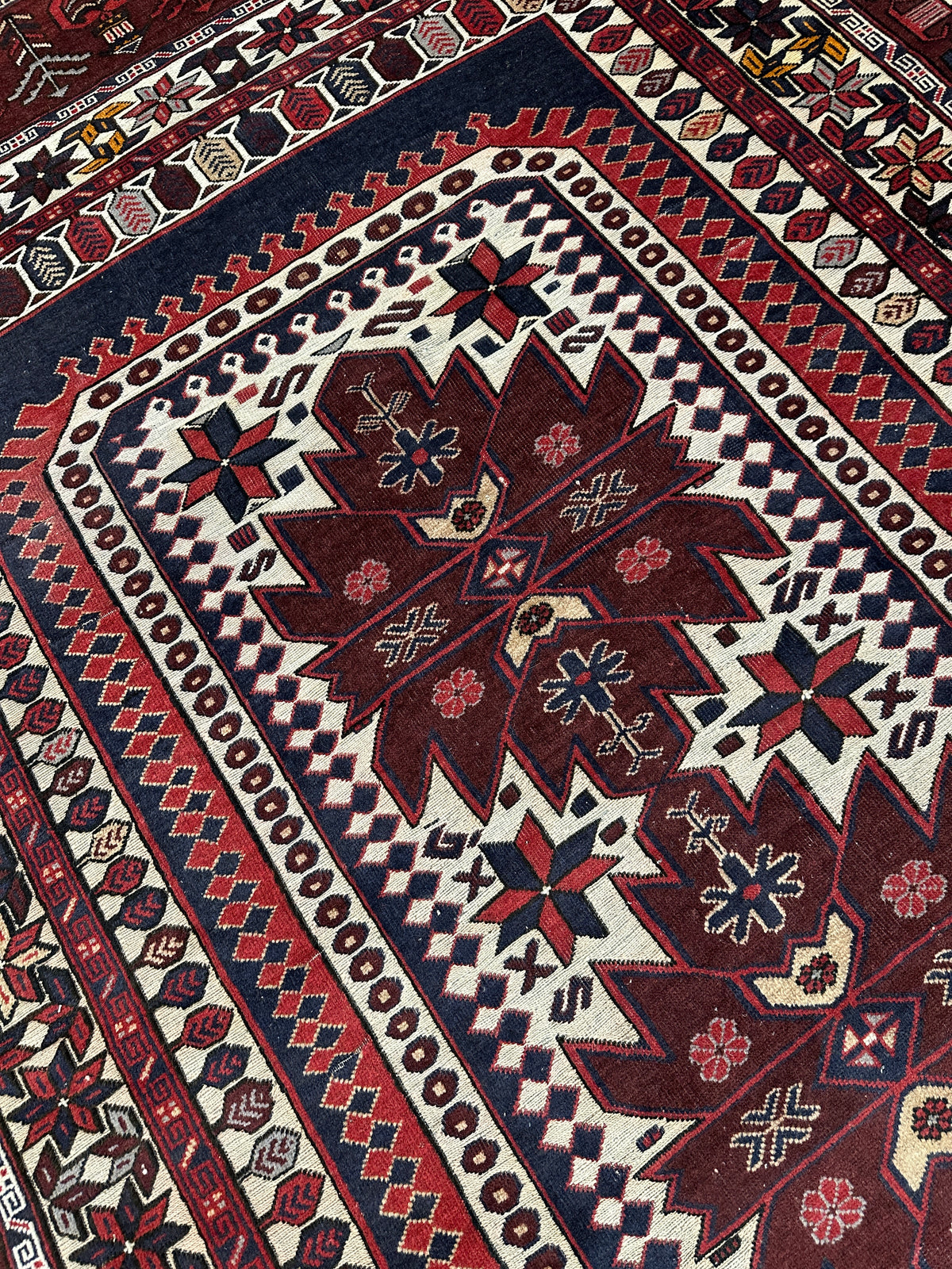 Afghan Baluch Rug 6x9 | Burgundy, Ivory & Navy | Hand-Knotted Wool | View 5
