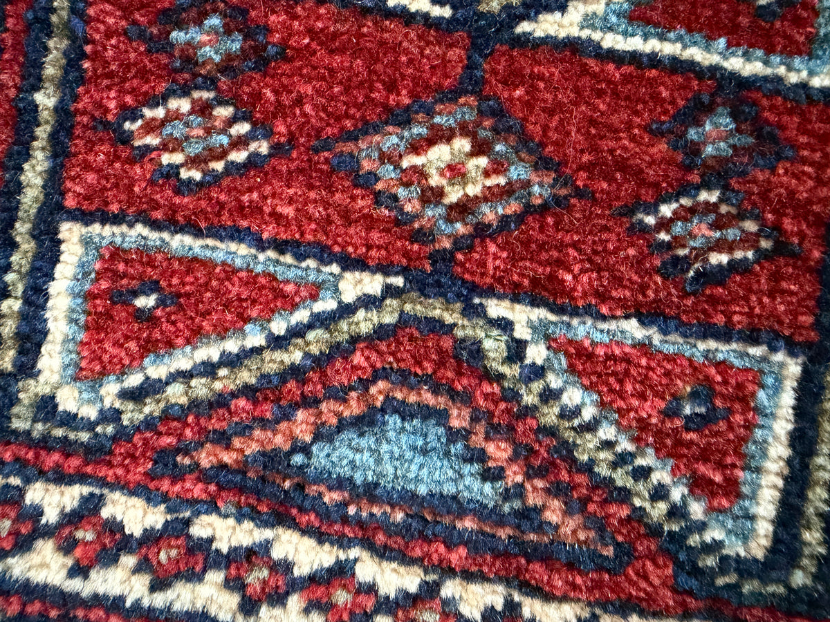 Antique Caucasian Pile Bag 13” x 13” | Burgundy, Light Blue & Ivory | Hand-Knotted Wool