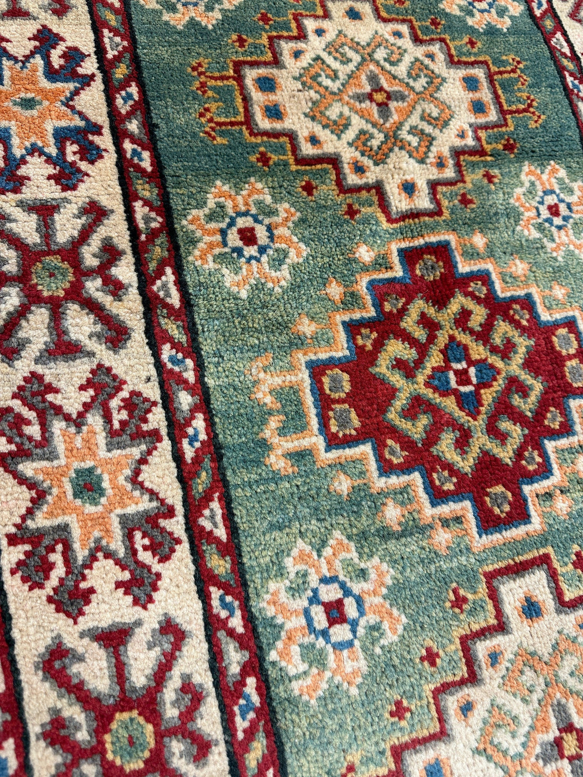 Afghan Super Kazak Runner 2'2" x 6', Hand-Knotted Wool, Beige & Green, view 2