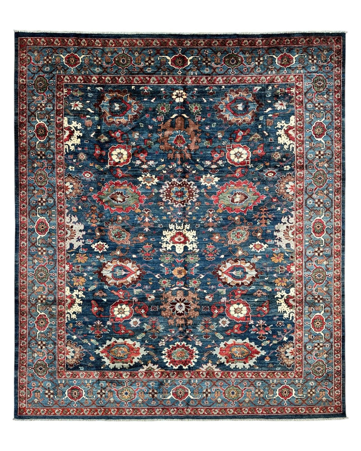 Afghan Serapi Rug 8' x 10', Hand-Knotted Wool, Blue, Gold & Ivory