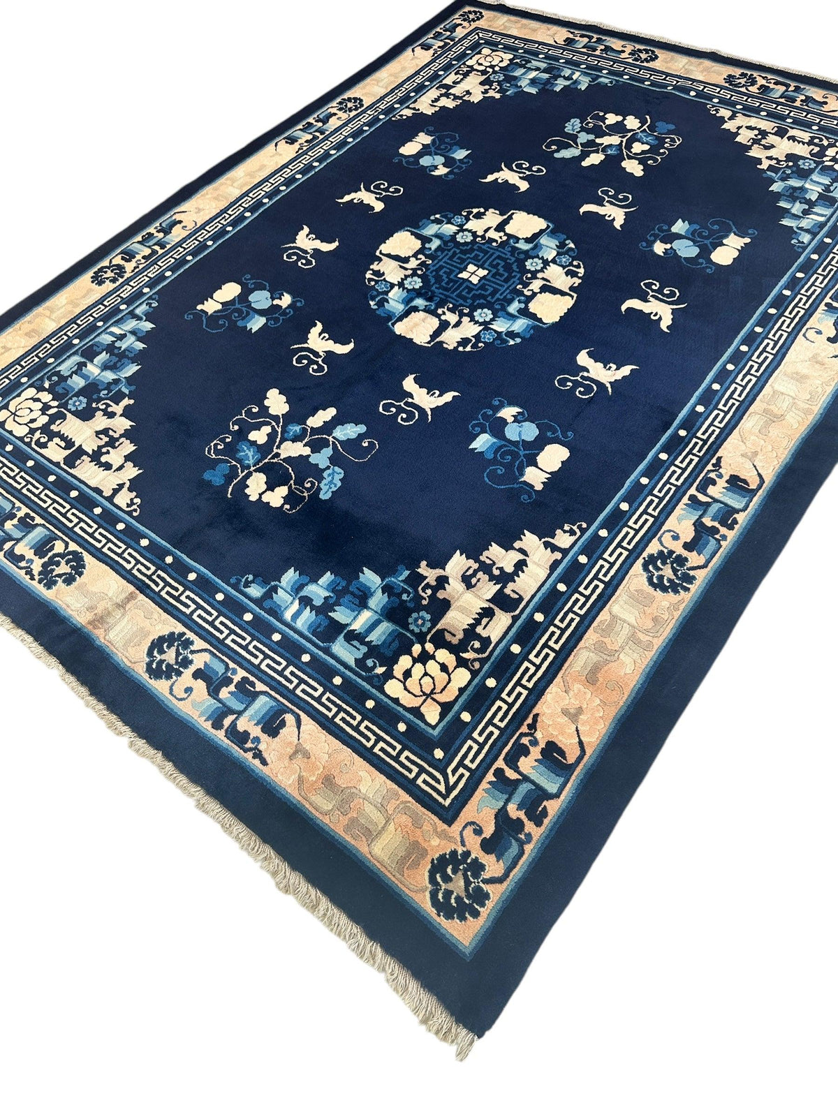 Antique Chinese Rug 5'6" x 7'6", Hand-Knotted Wool, Navy & Cream, view 5