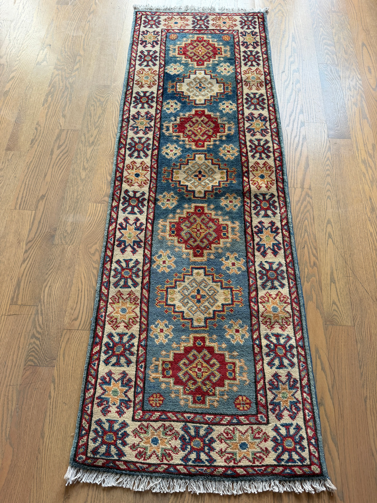 Afghan Kazak Runner 2x6 | Blue, Ivory & Red | Hand-Knotted Wool