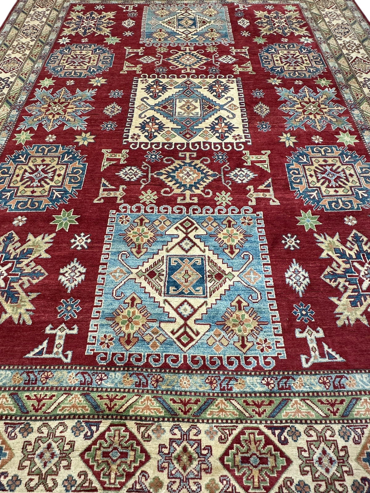 Afghan Kazak Rug 8'10" x 11'11", Hand-Knotted Wool, Cream & Red, view 3