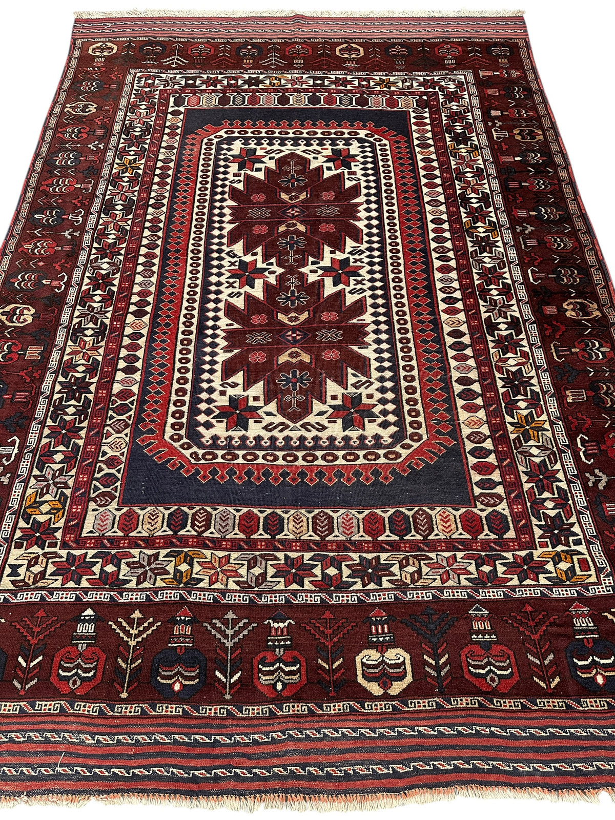 Afghan Baluch Rug 6x9 | Burgundy, Ivory & Navy | Hand-Knotted Wool | View 3