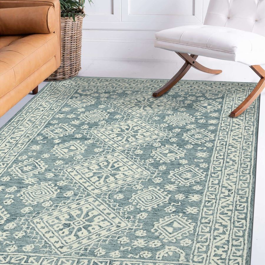 Indian Rug 8x11, Teal & Ivory, Hand-Tufted Wool, view 5