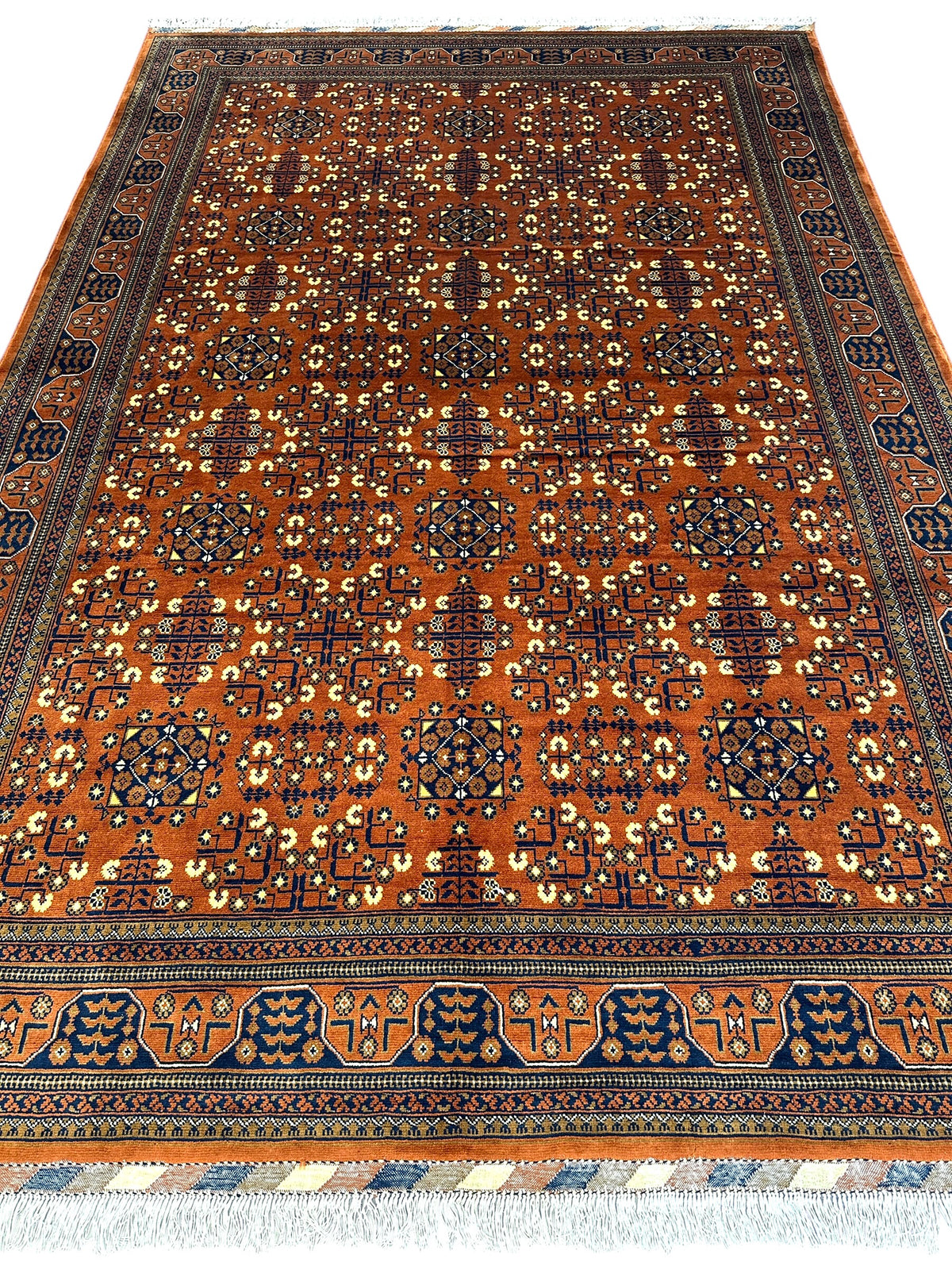 Afghan Turkmen Rug 7x10, Orange, Navy & Ivory, Hand-Knotted Wool, view 3