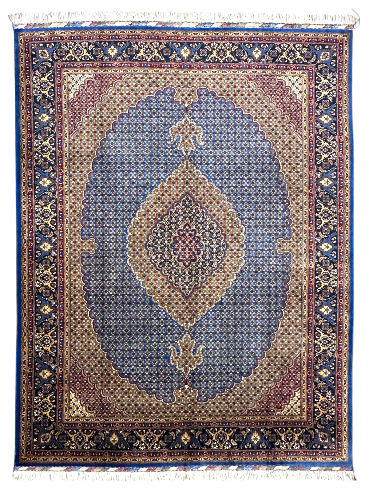 Afghan Tabriz Rug 8x11, Light Blue, Navy & Gold, Hand-Knotted Wool