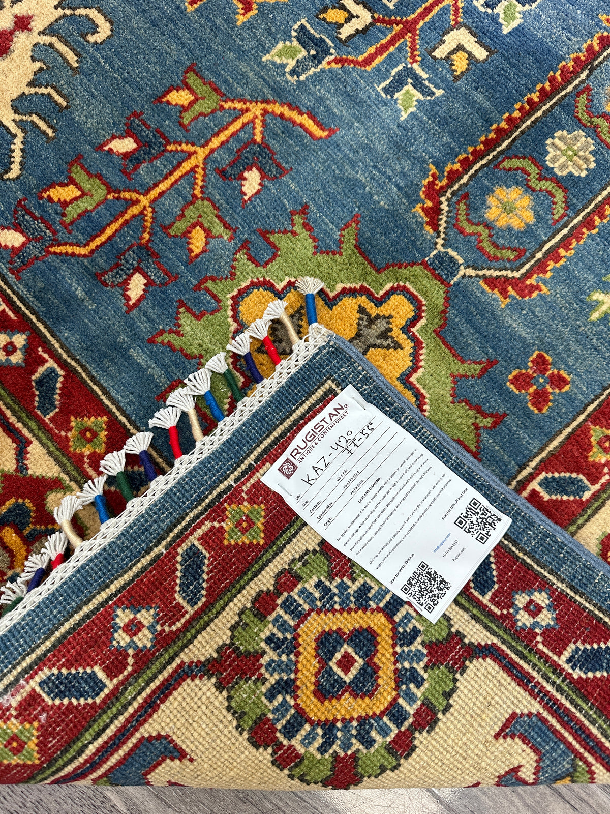 Afghan Kazak Rug 5'6" x 7'7", Hand-Knotted Wool, Blue, Red & Beige, view 7