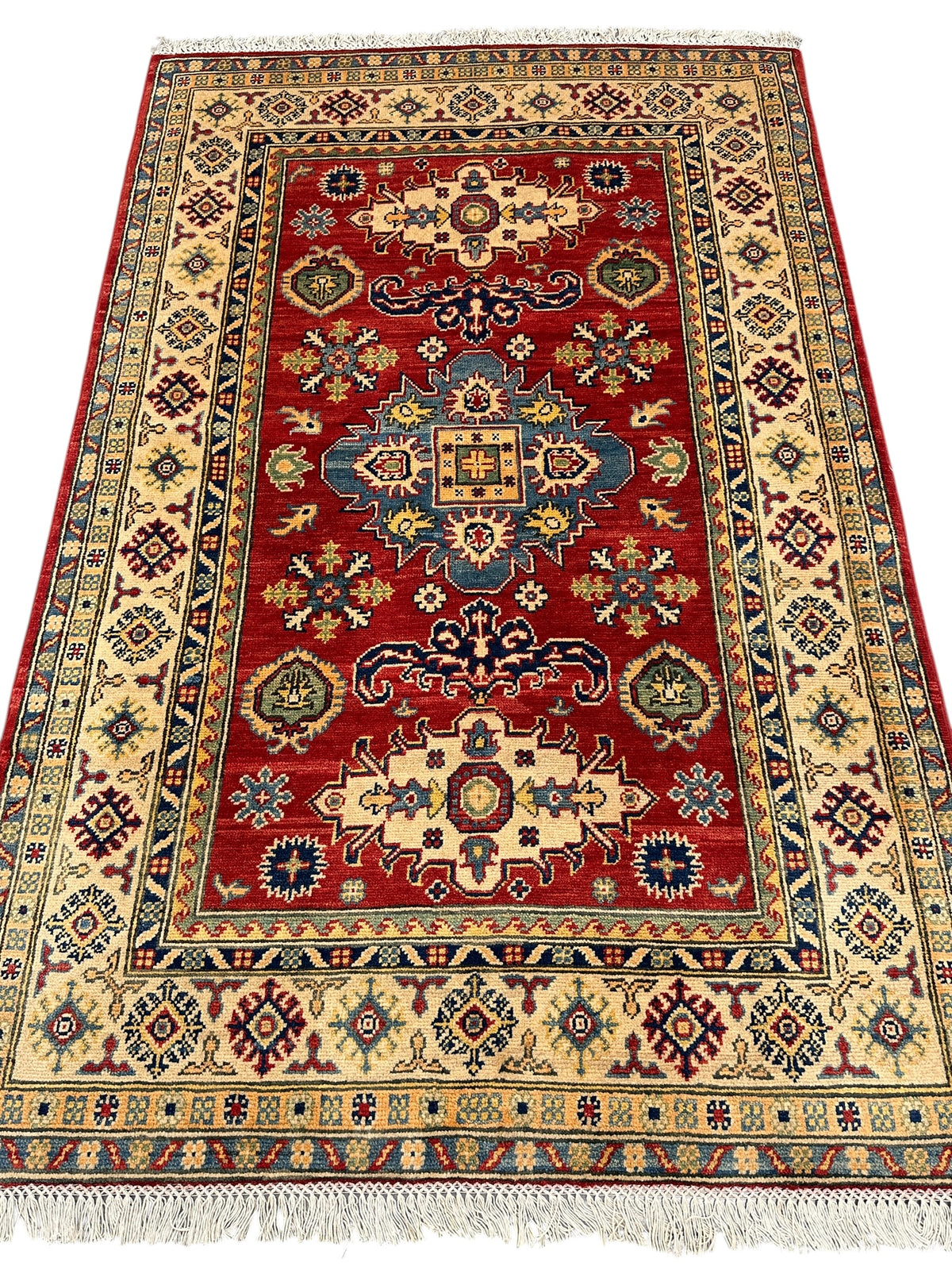 Afghan Kazak Rug 4'1" x 5'10", Hand-Knotted Wool, Red, Navy & Ivory, view 3