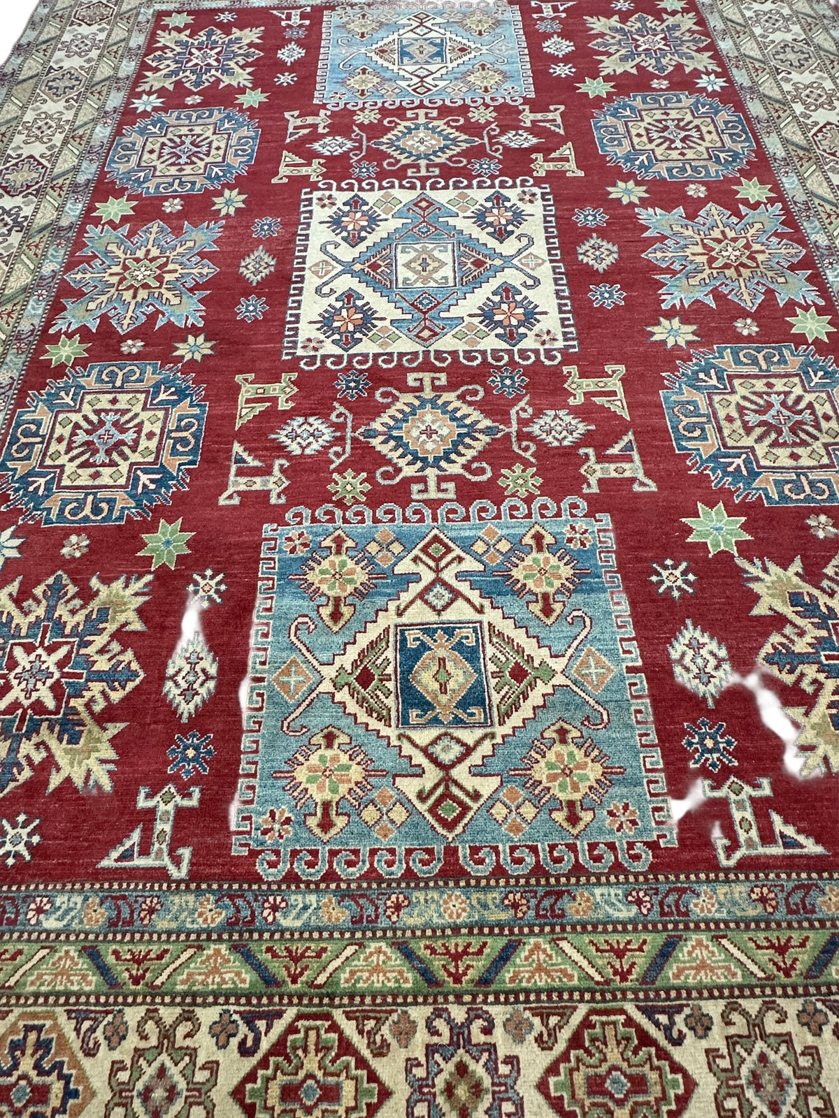 Afghan Kazak Rug 8'10" x 11'11", Hand-Knotted Wool, Cream & Red, view 5