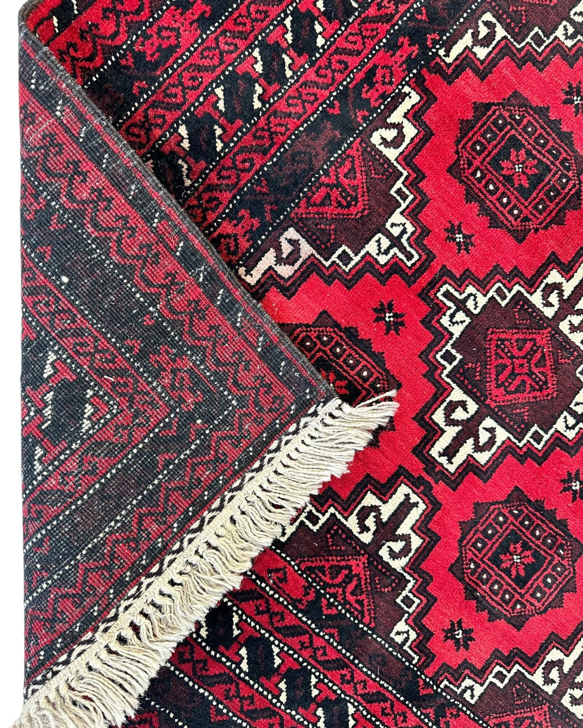 Afghan Baluch Rug 3x7 | Red, Navy & Ivory | Hand-Knotted Wool | View 5