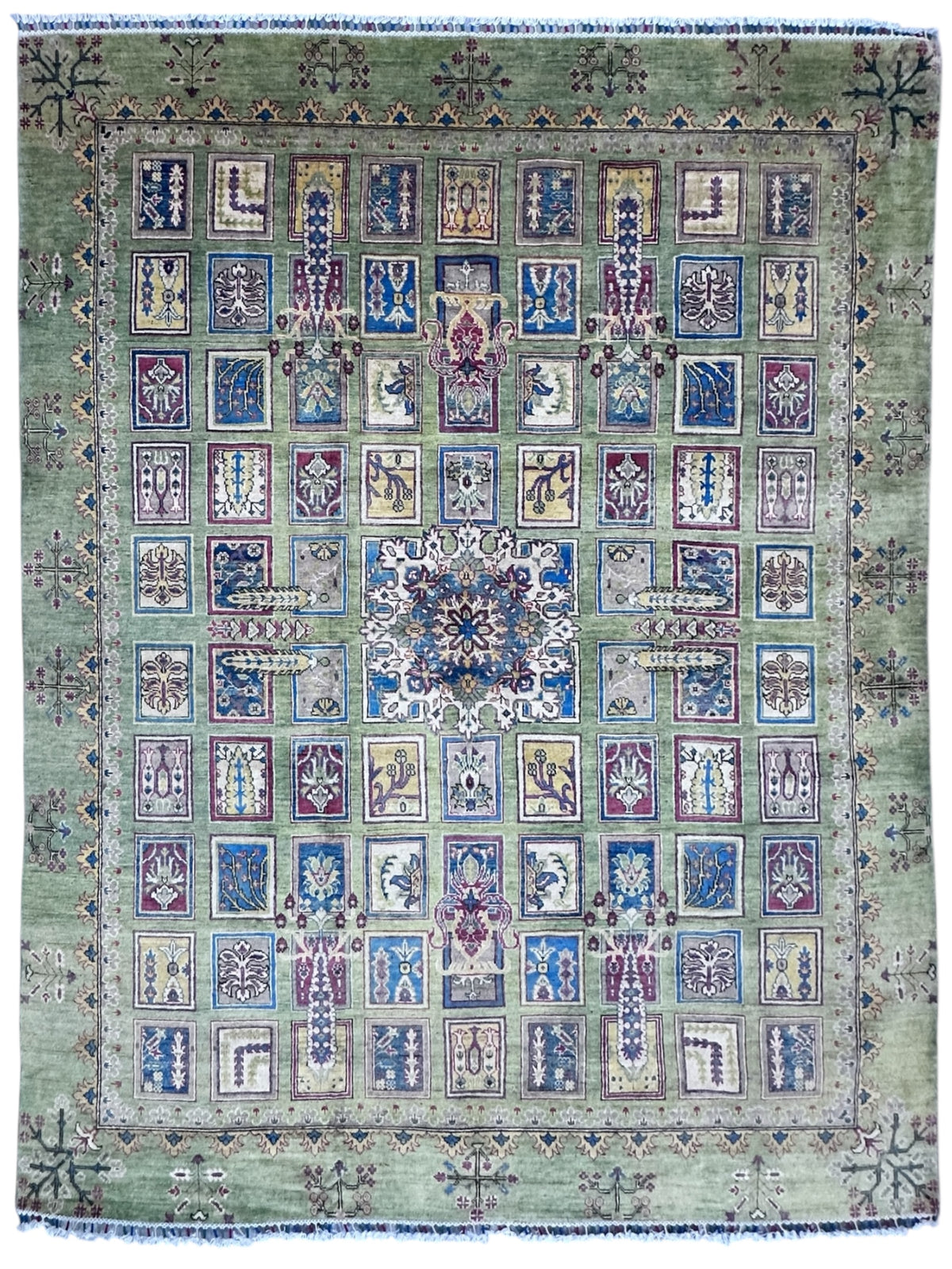 Afghan Kazak Rug 8x10, Green, Blue & Ivory, Hand-Knotted Wool