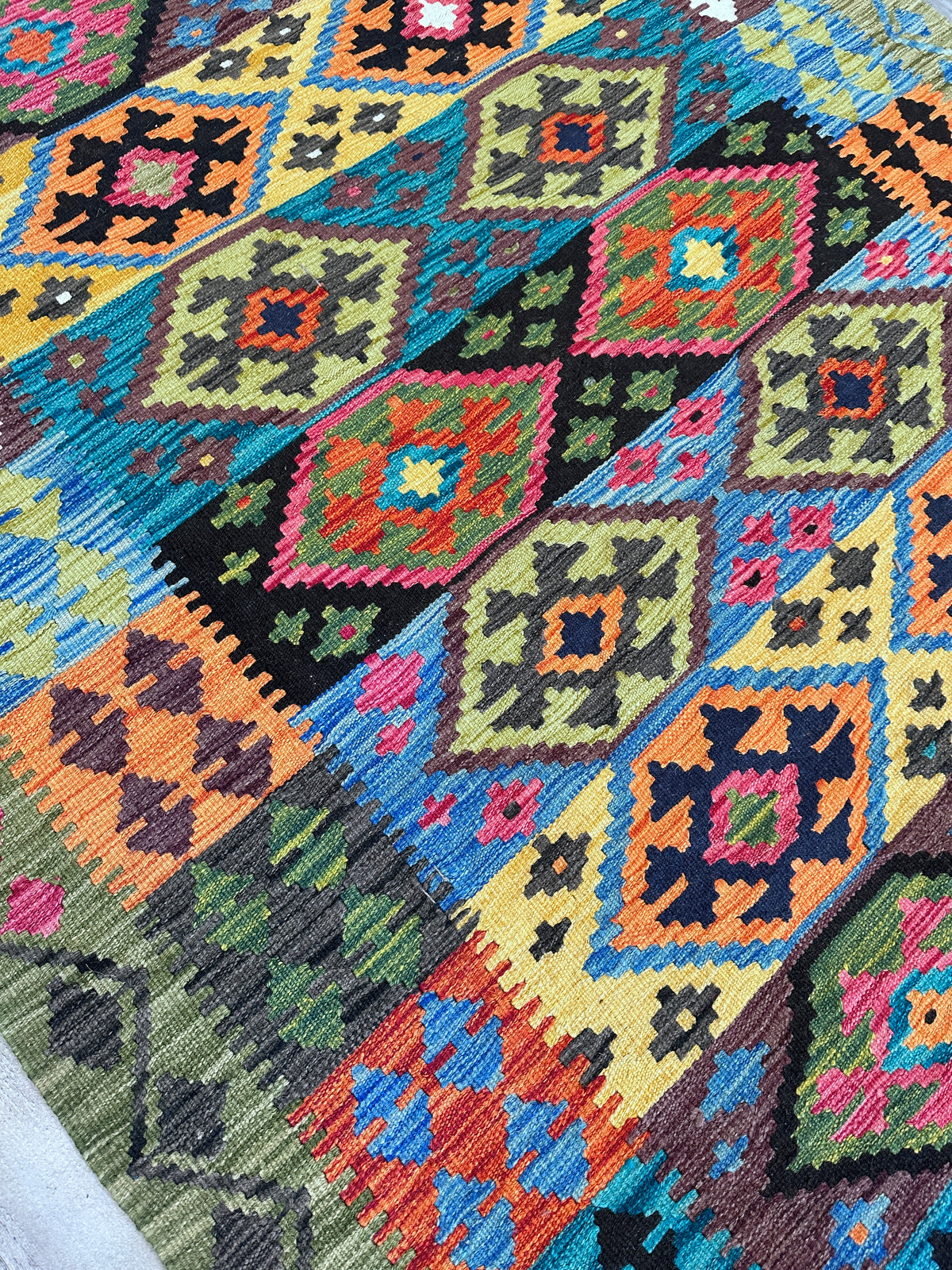 Afghan Kilim Rug 5x7, Teal, Black & Yellow, Hand-Woven Wool Flatweave, view 4