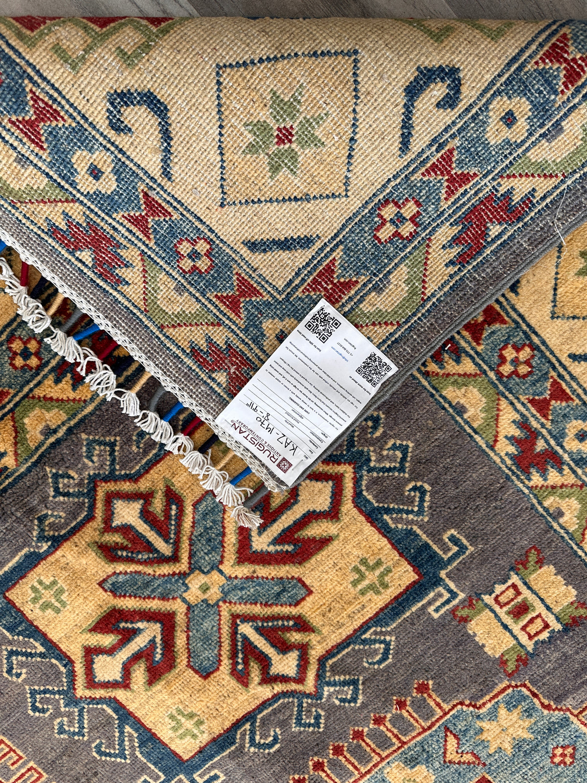 Afghan Kazak Rug 8x10, Gray, Gold & Light Blue, Hand-Knotted Wool, view 8