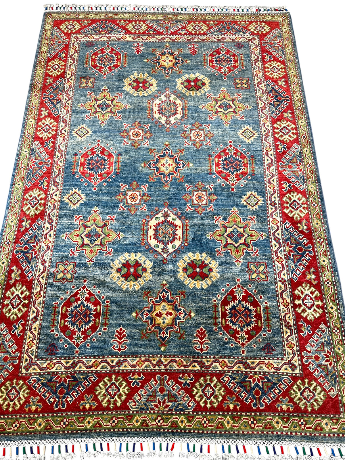 Afghan Kazak Rug 3'11" x 5'11", Hand-Knotted Wool, Blue, Red & Cream, view 3