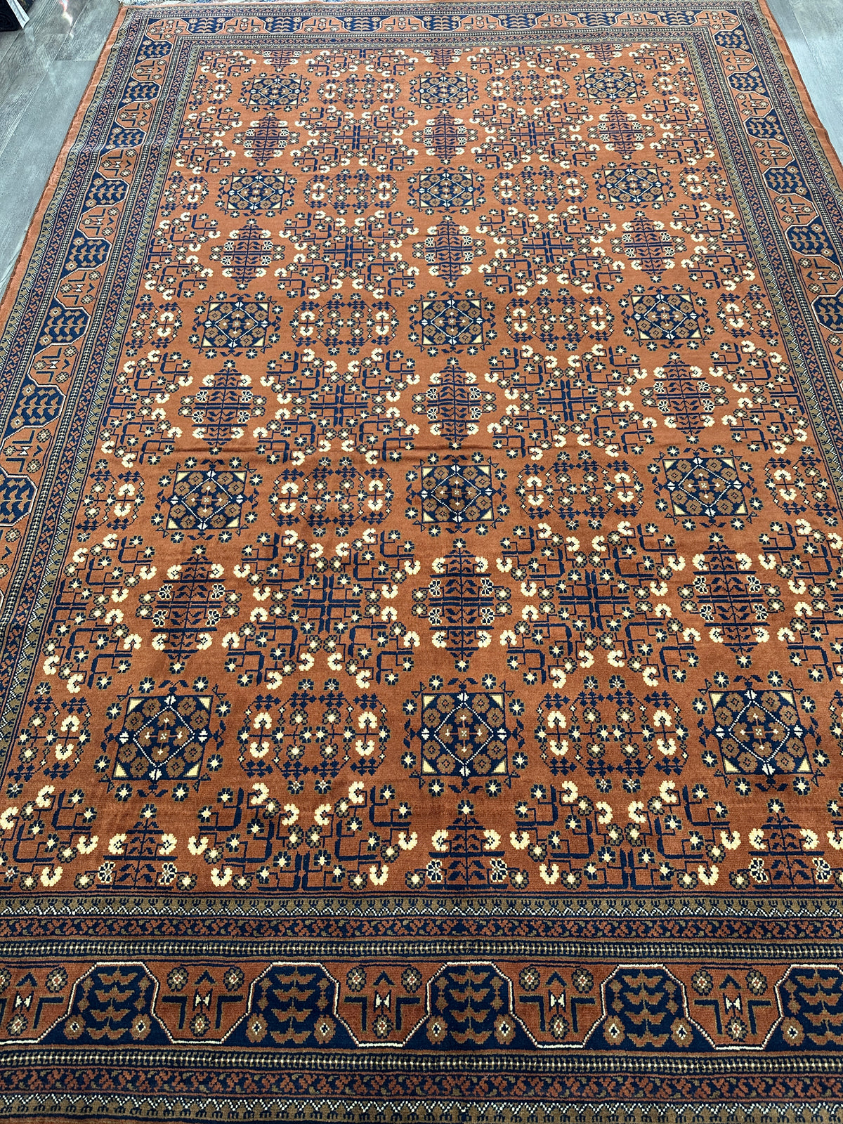Afghan Turkmen Rug 7x10, Orange, Navy & Ivory, Hand-Knotted Wool, view 6