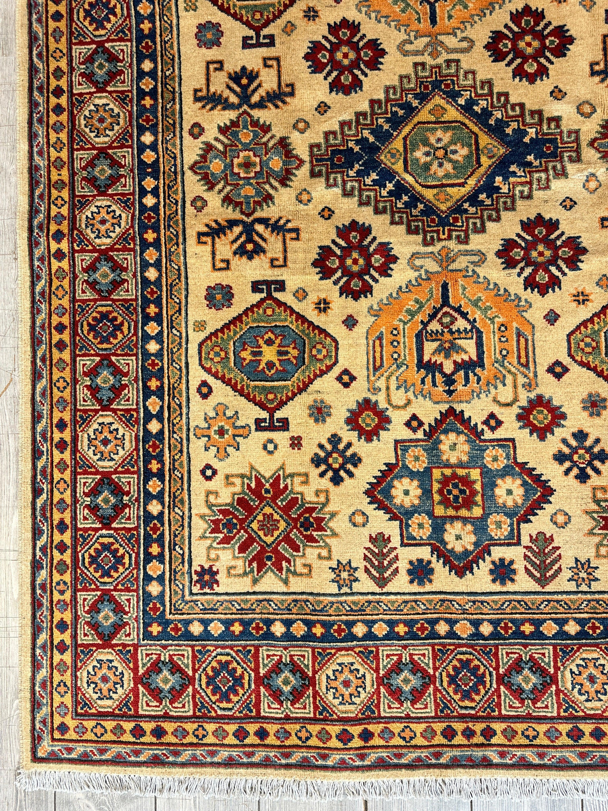 Afghan Super Kazak Rug 4'11" x 6'11", Hand-Knotted Wool, Red & Beige, view 7