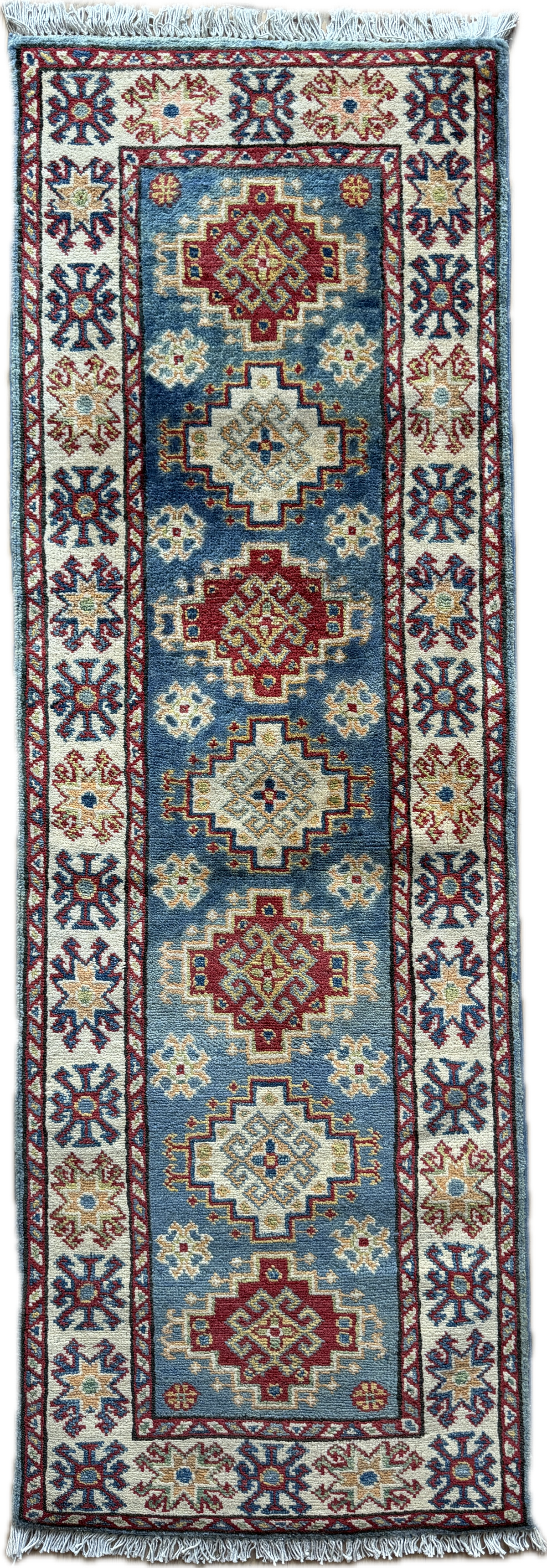 Afghan Kazak Runner 2x6 | Blue, Ivory & Red | Hand-Knotted Wool