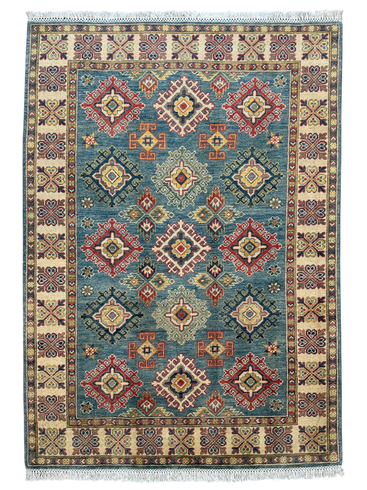 Afghan Kazak Stars Rug 4x6, Teal, Ivory & Red, Hand-Knotted Wool