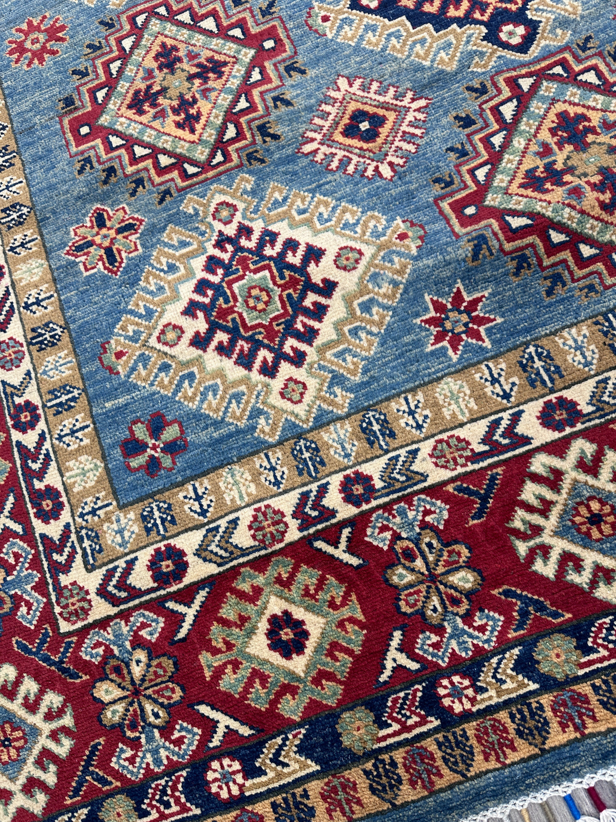 Afghan Kazak Rug 6x10, Light Blue, Red & Ivory, Hand-Knotted Wool, view 9