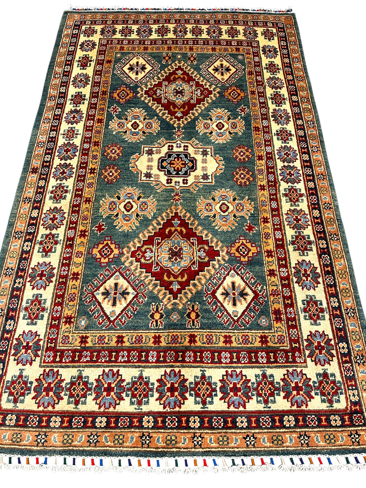 Afghan Kazak Rug 3'10" x 6'4", Hand-Knotted Wool, Teal, Red & Ivory, view 3