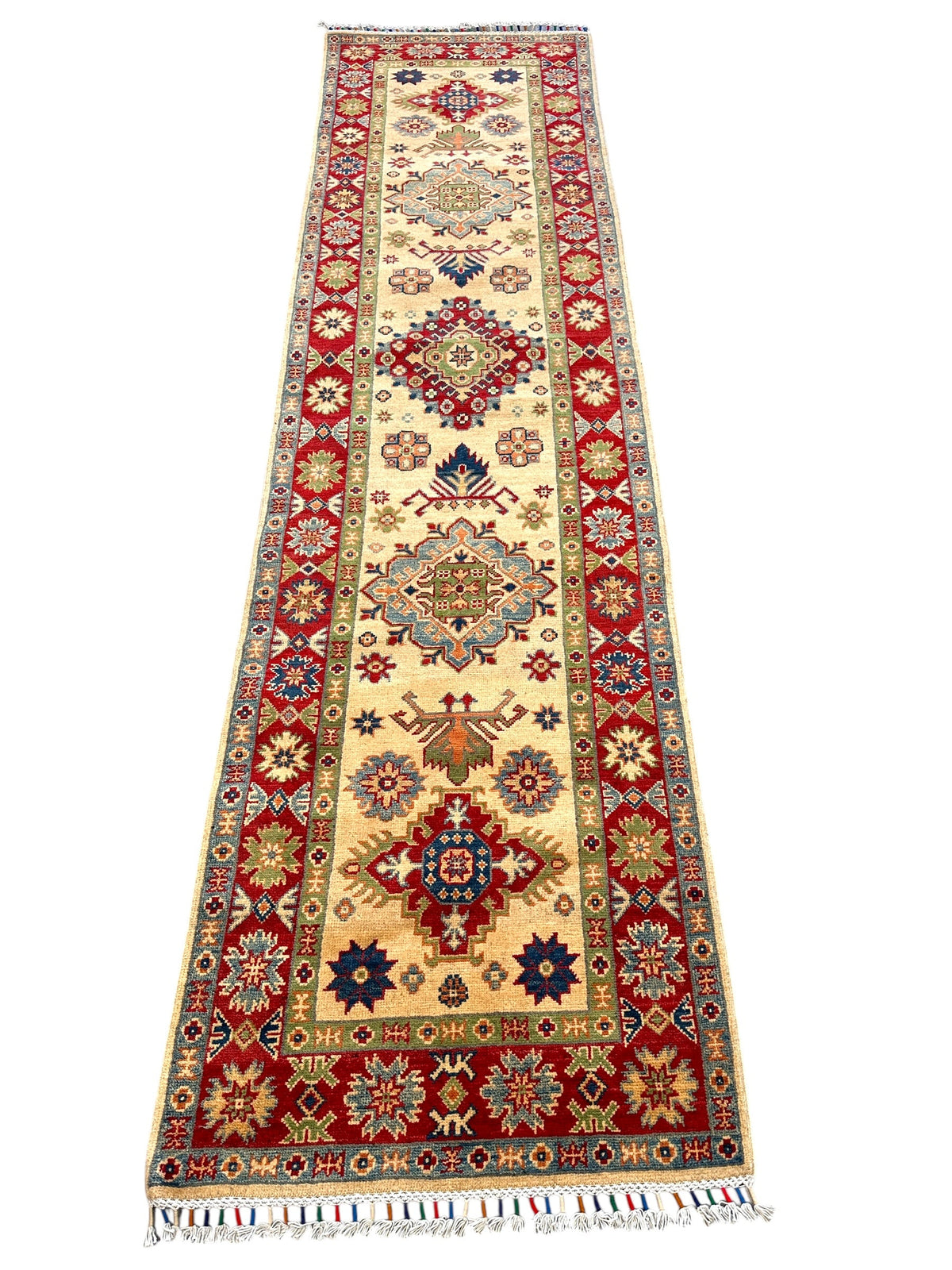 Afghan Kazak Runner 2'7" x 10'1", Hand-Knotted Wool, Cream, Red & Blue, view 3