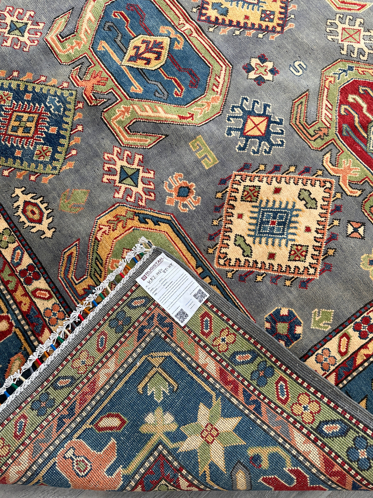Afghan Kazak Rug 8'3" x 10'8", Hand-Knotted Wool, Navy, Red & Green, view 7