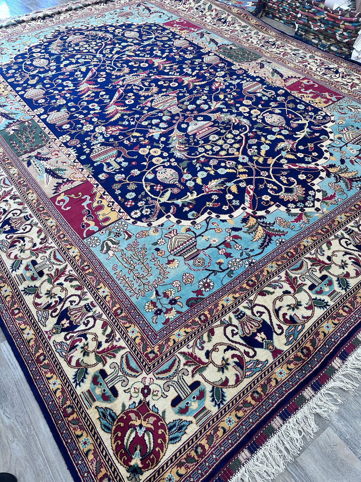 Afghan Rug 10x13, Navy, Light Blue & Ivory, Hand-Knotted Wool, view 3