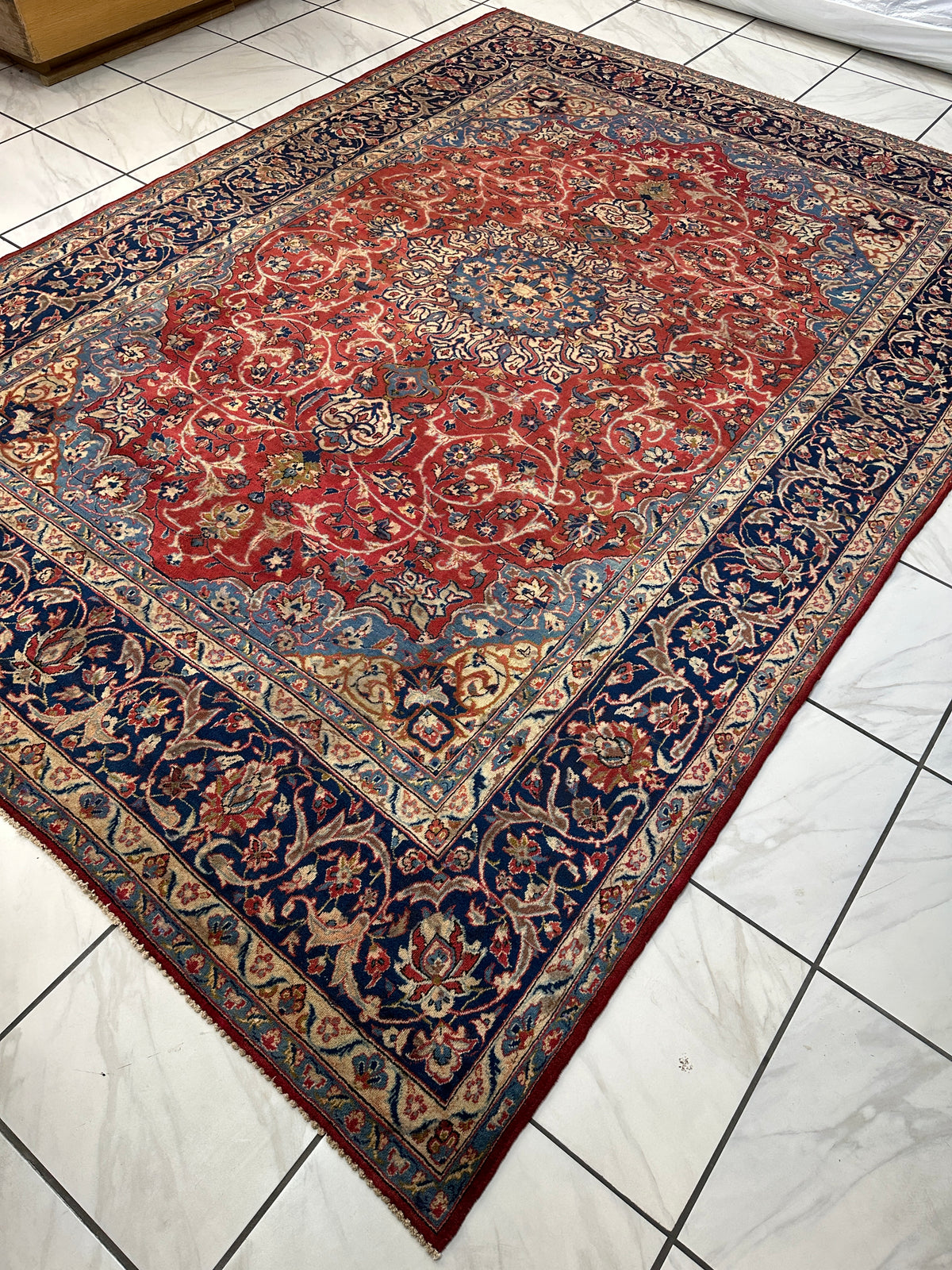 Vintage Persian Kashan Rug 8' x 11'3", Hand-Knotted Wool, Red & Navy, view 4