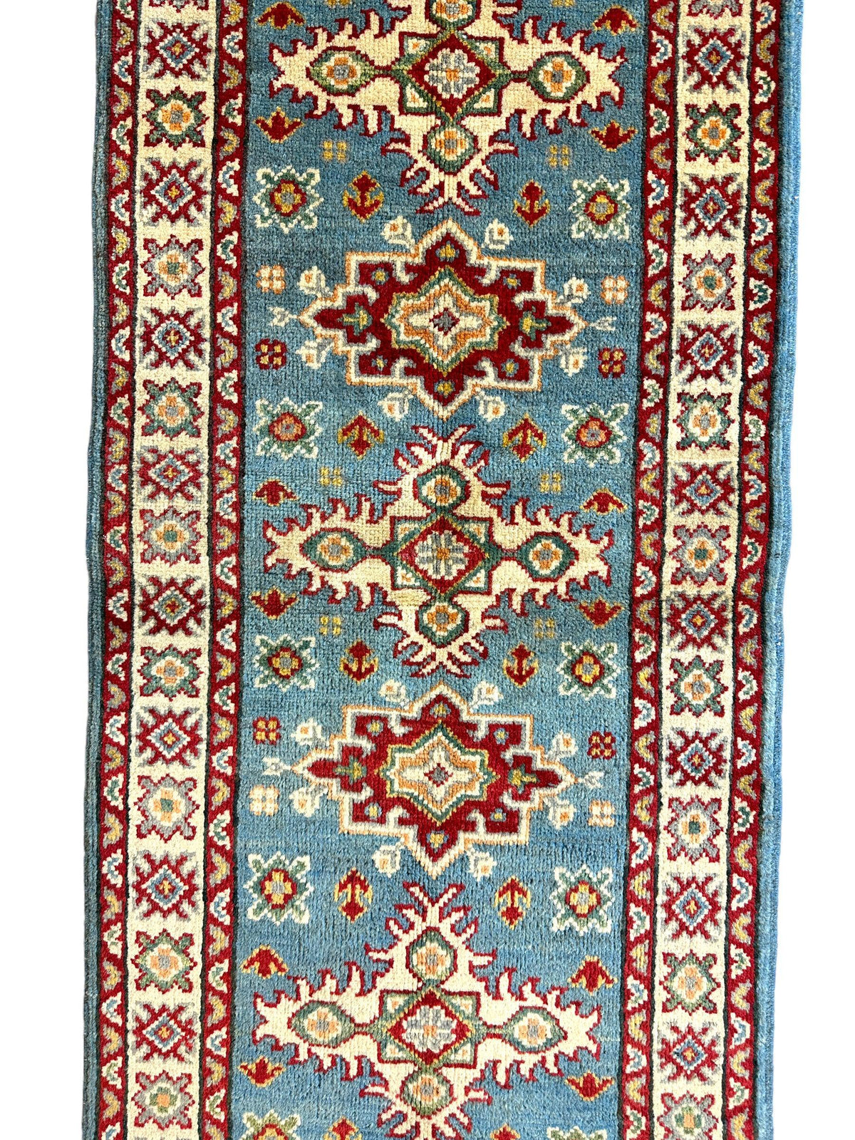 Afghan Super Kazak Runner 2'2" x 6', Hand-Knotted Wool, Beige & Blue, view 4