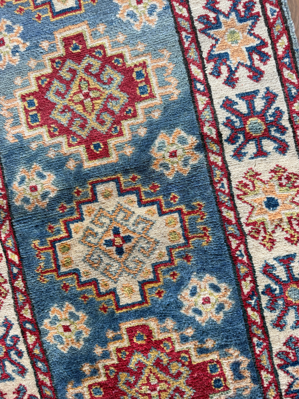 Afghan Kazak Runner 2x6 | Blue, Ivory & Red | Hand-Knotted Wool