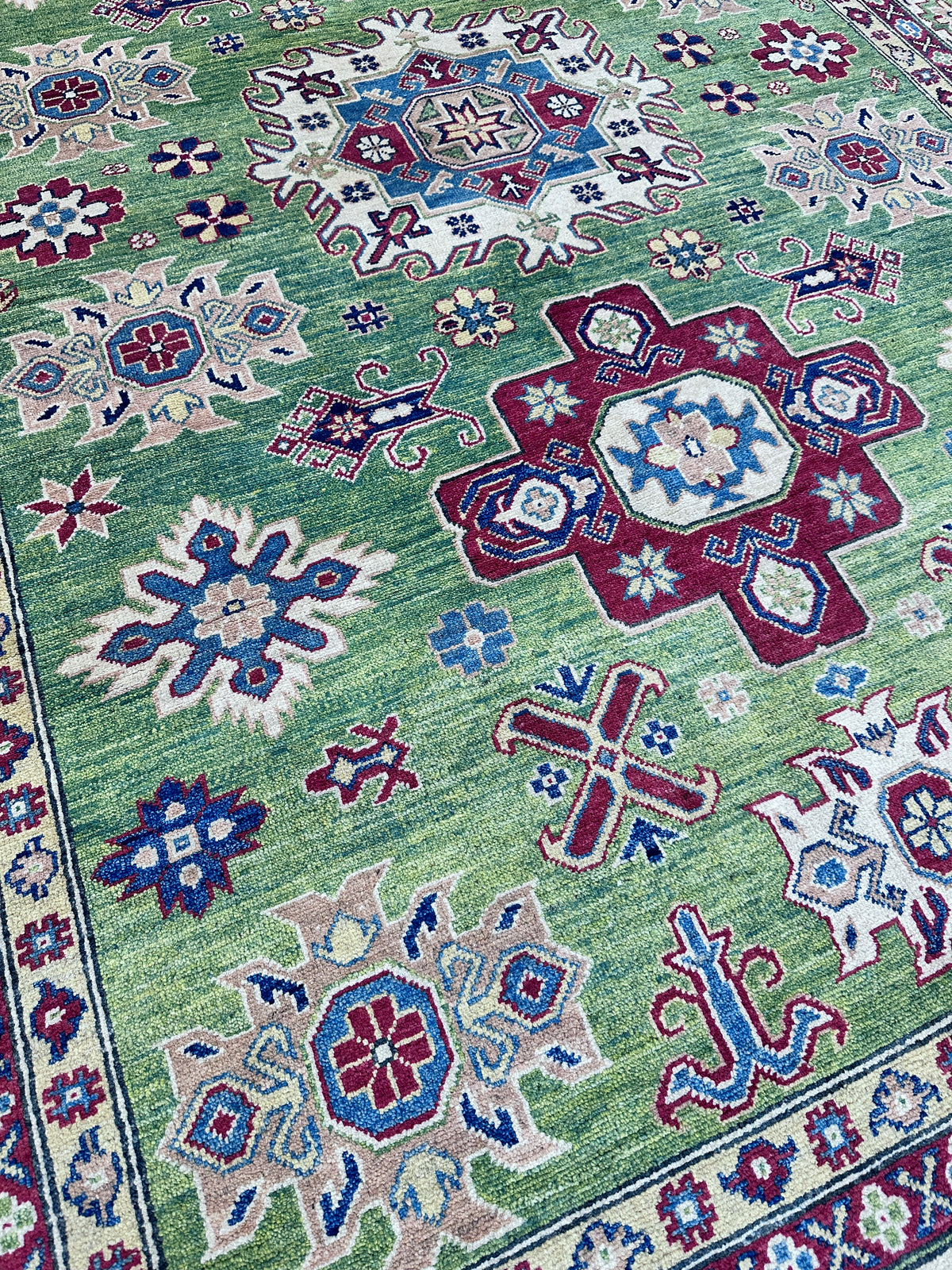 Afghan Kazak Rug 6'7" x 9'9", Hand-Knotted Wool, Cream & Green, view 4