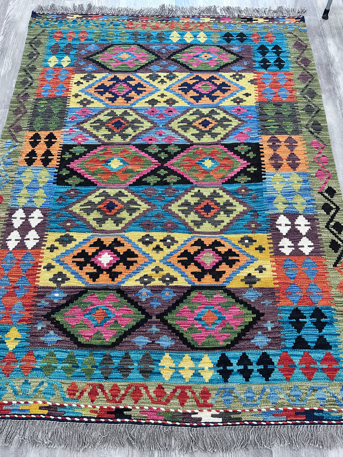 Afghan Kilim Rug 5x7, Teal, Black & Yellow, Hand-Woven Wool Flatweave, view 2