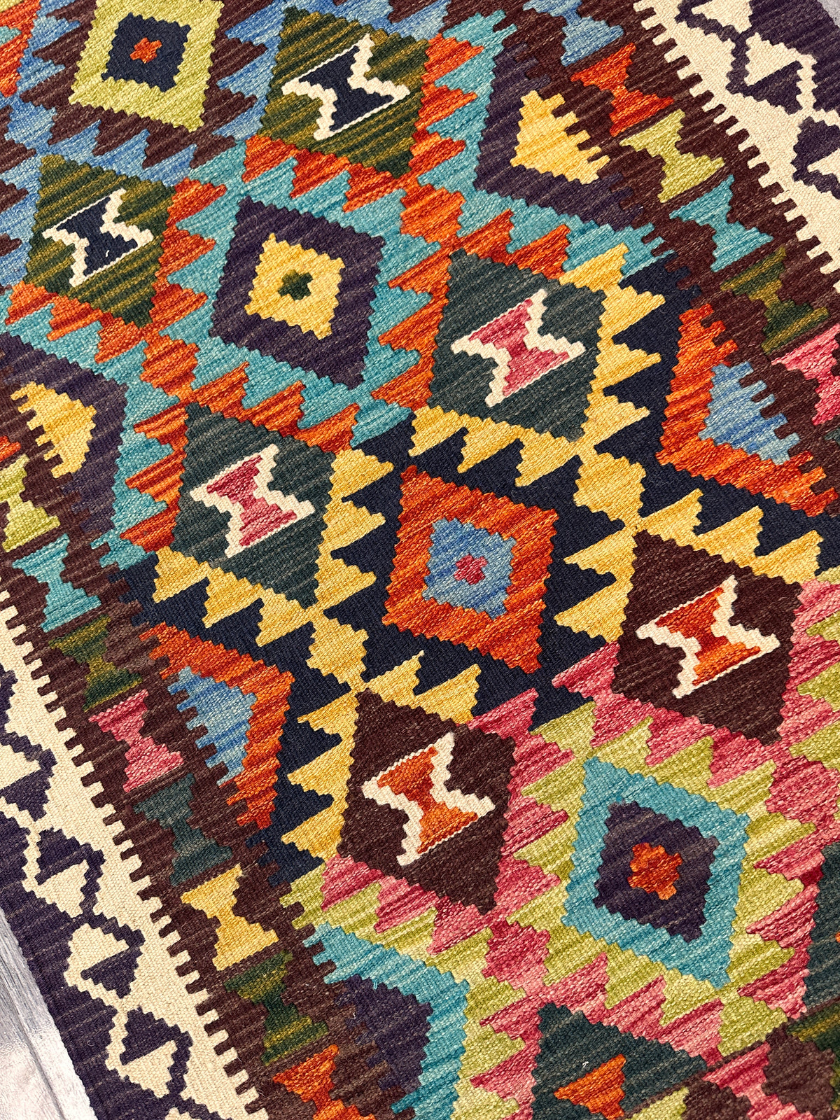 Afghan Kilim Rug 3x4, Black, Ivory & Blue, Hand-Woven Wool Flatweave, view 3