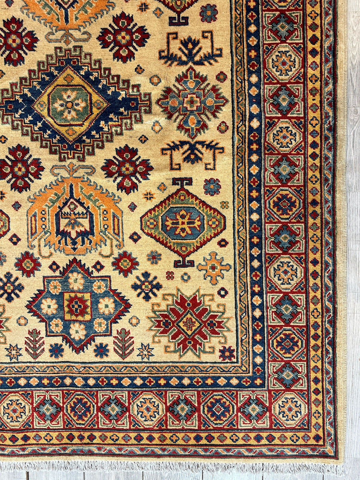 Afghan Super Kazak Rug 4'11" x 6'11", Hand-Knotted Wool, Red & Beige, view 8