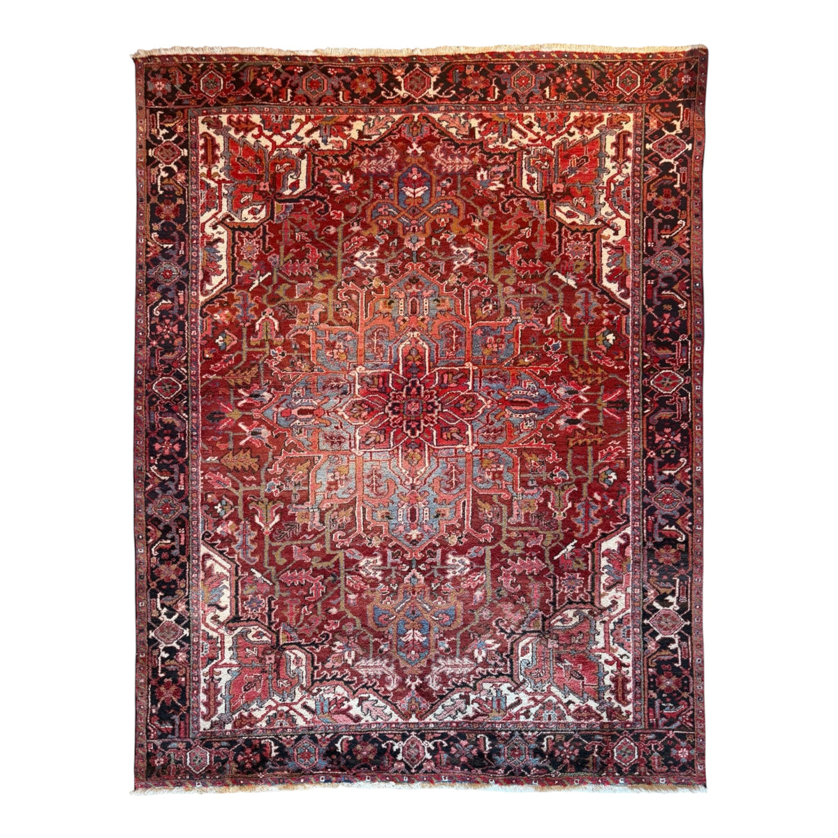 Vintage Persian Heriz Rug 7'10" x 9'8", Hand-Knotted Wool, 1940s
