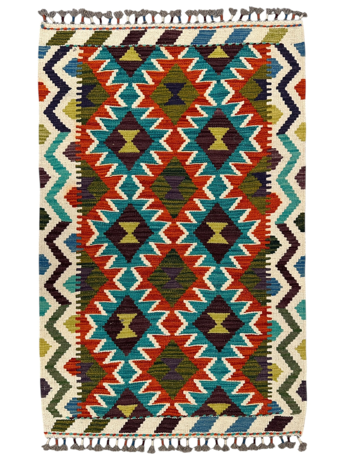 Afghan Kilim Rug 3x4, Rust, Teal & Ivory, Diamond Lattice Wool Flatweave