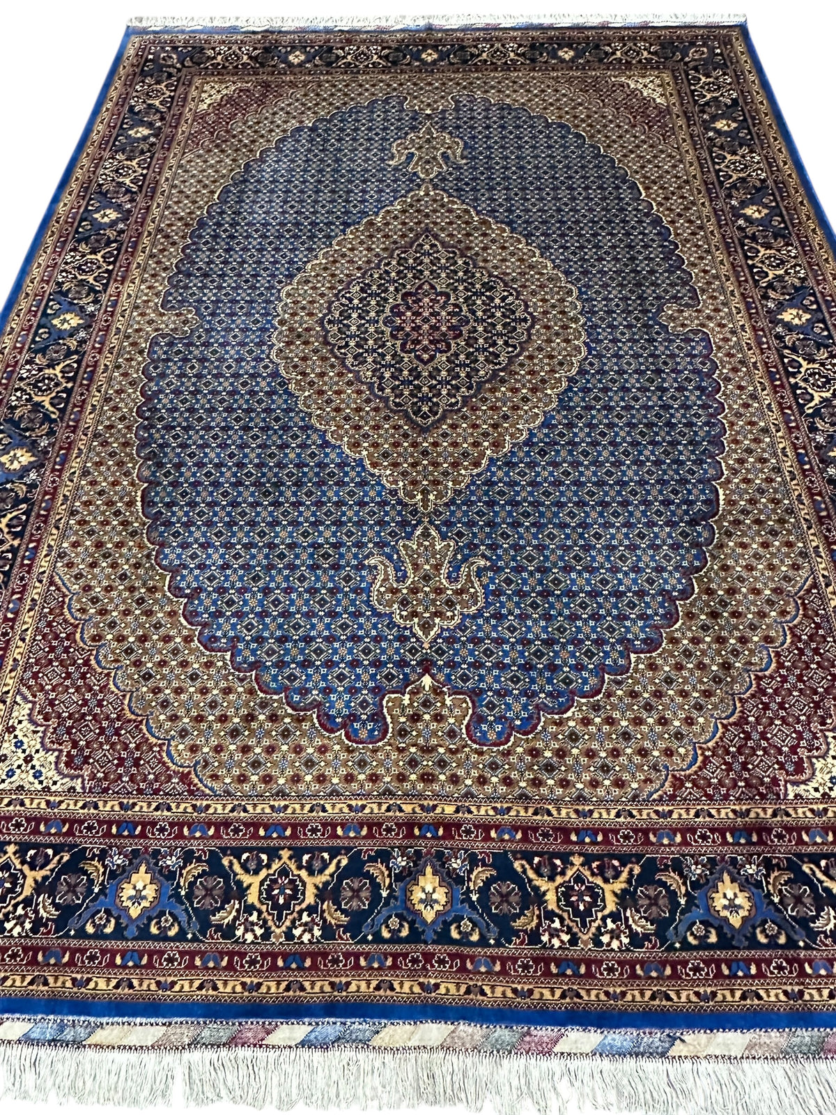 Afghan Tabriz Rug 8x11, Light Blue, Navy & Gold, Hand-Knotted Wool, view 3