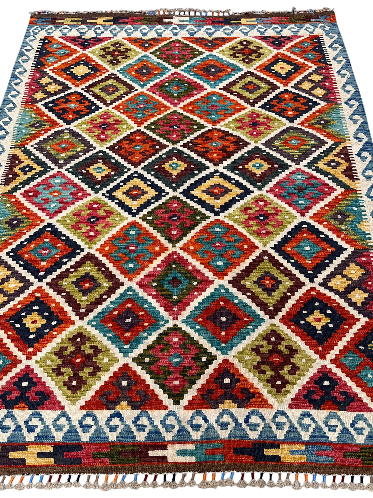Afghan Kilim Rug 5x7, Red, Navy & Ivory, Hand-Woven Wool Flatweave, view 2