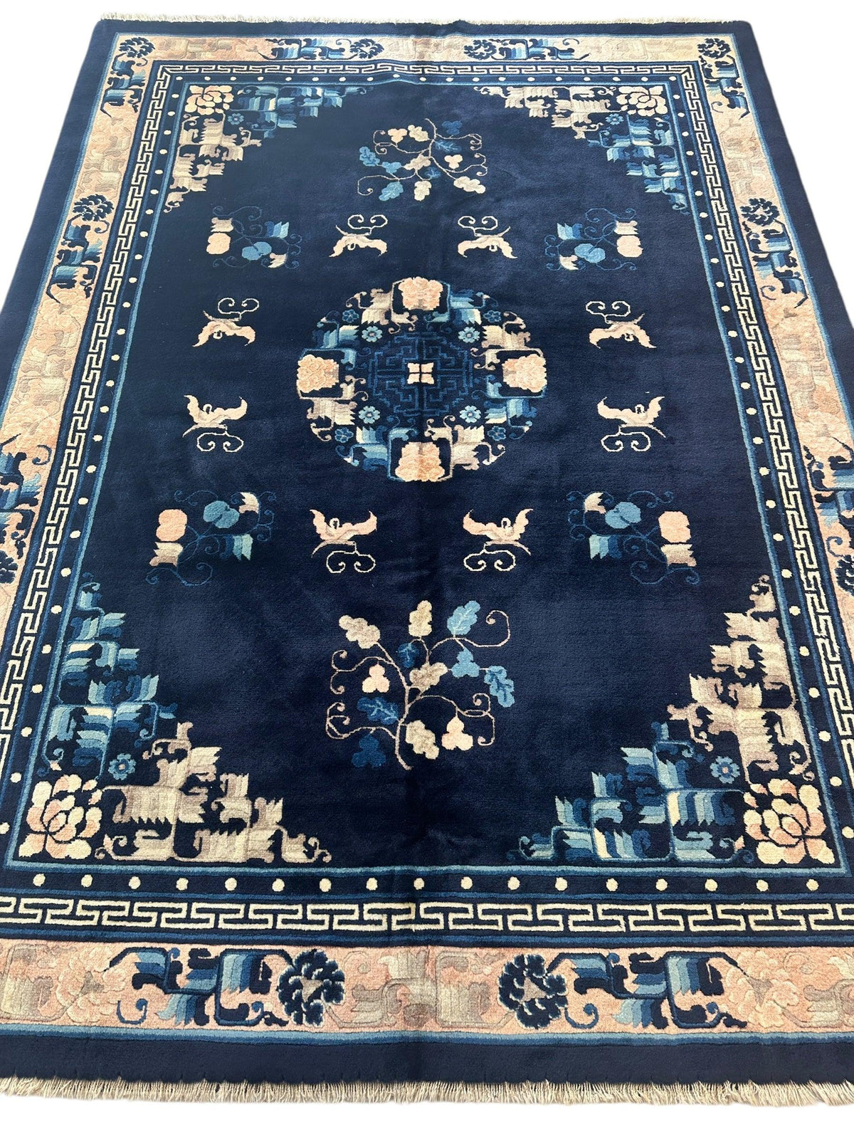 Antique Chinese Rug 5'6" x 7'6", Hand-Knotted Wool, Navy & Cream, view 3