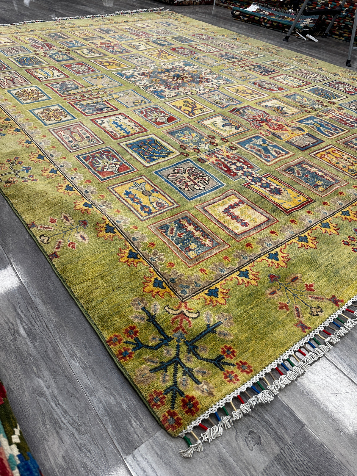 Afghan Kazak Rug 8x10, Green, Blue & Ivory, Hand-Knotted Wool, view 7