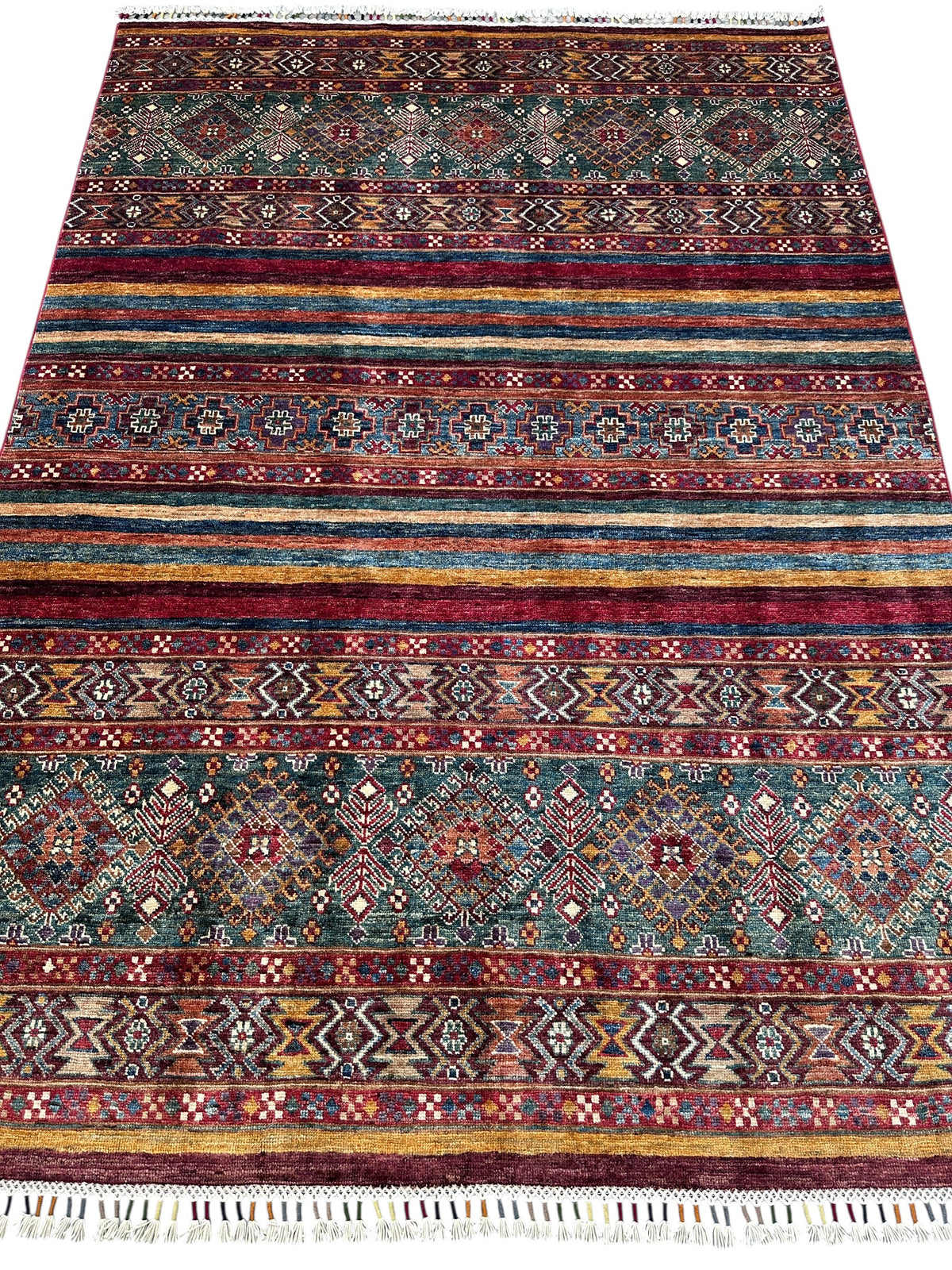 Afghan Khorjin Rug 4'11" x 6'10", Hand-Knotted Wool, Red, Blue & Green, view 3