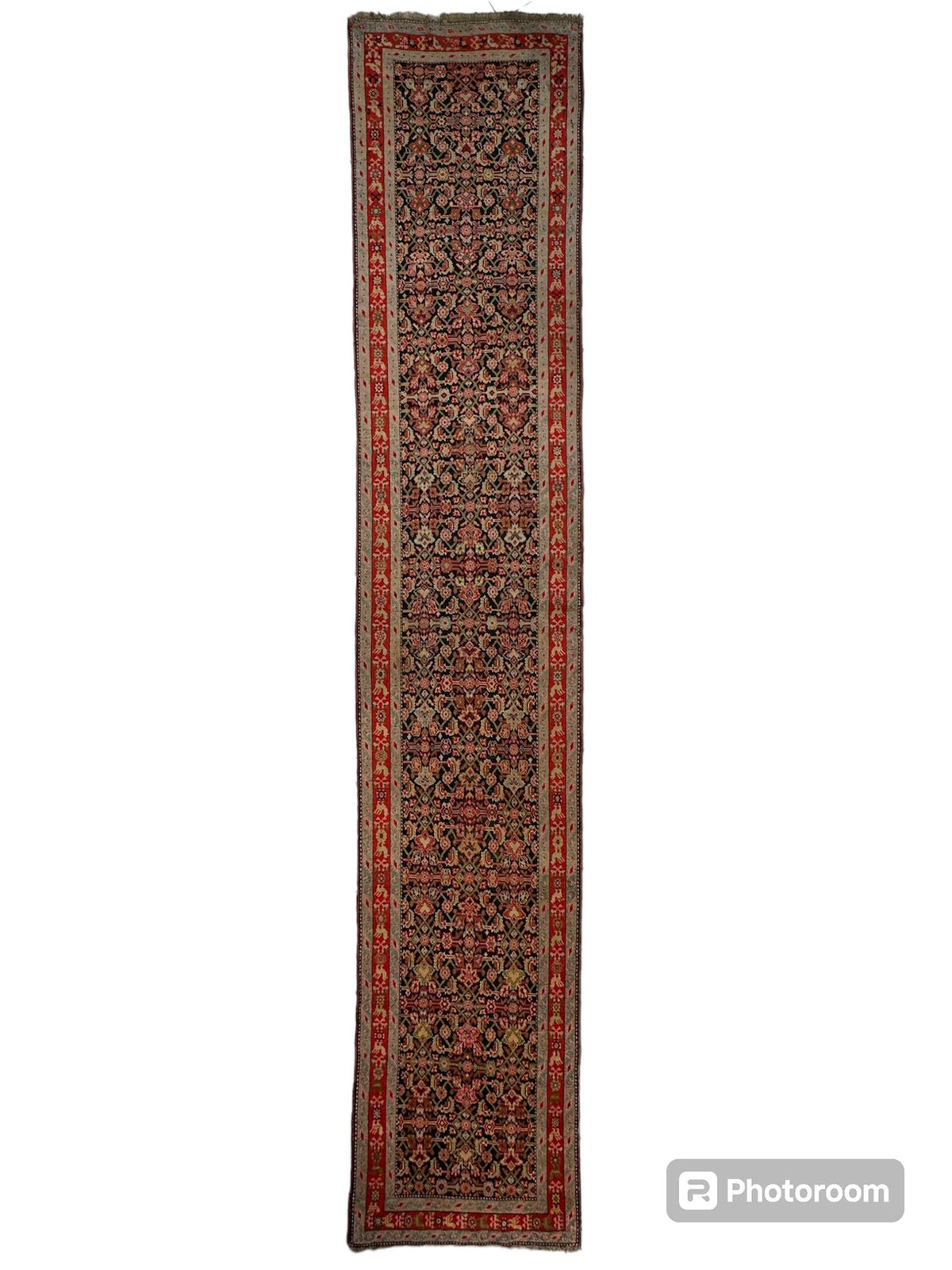 Antique Caucasian Karabakh Runner 3'4" x 17', Hand-Knotted Wool, 1930s