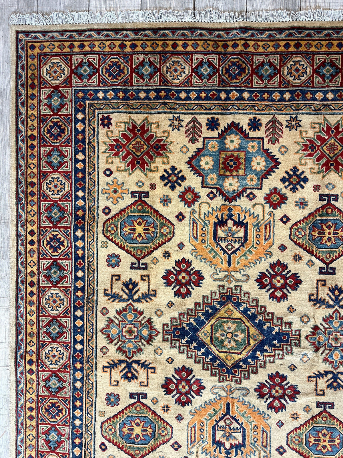 Afghan Super Kazak Rug 4'11" x 6'11", Hand-Knotted Wool, Red & Beige, view 6