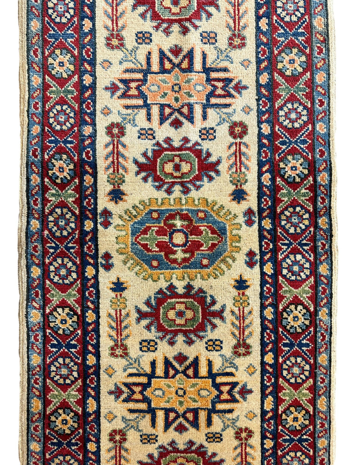 Afghan Super Kazak Runner 2'2" x 6', Hand-Knotted Wool, Beige & Blue, view 3