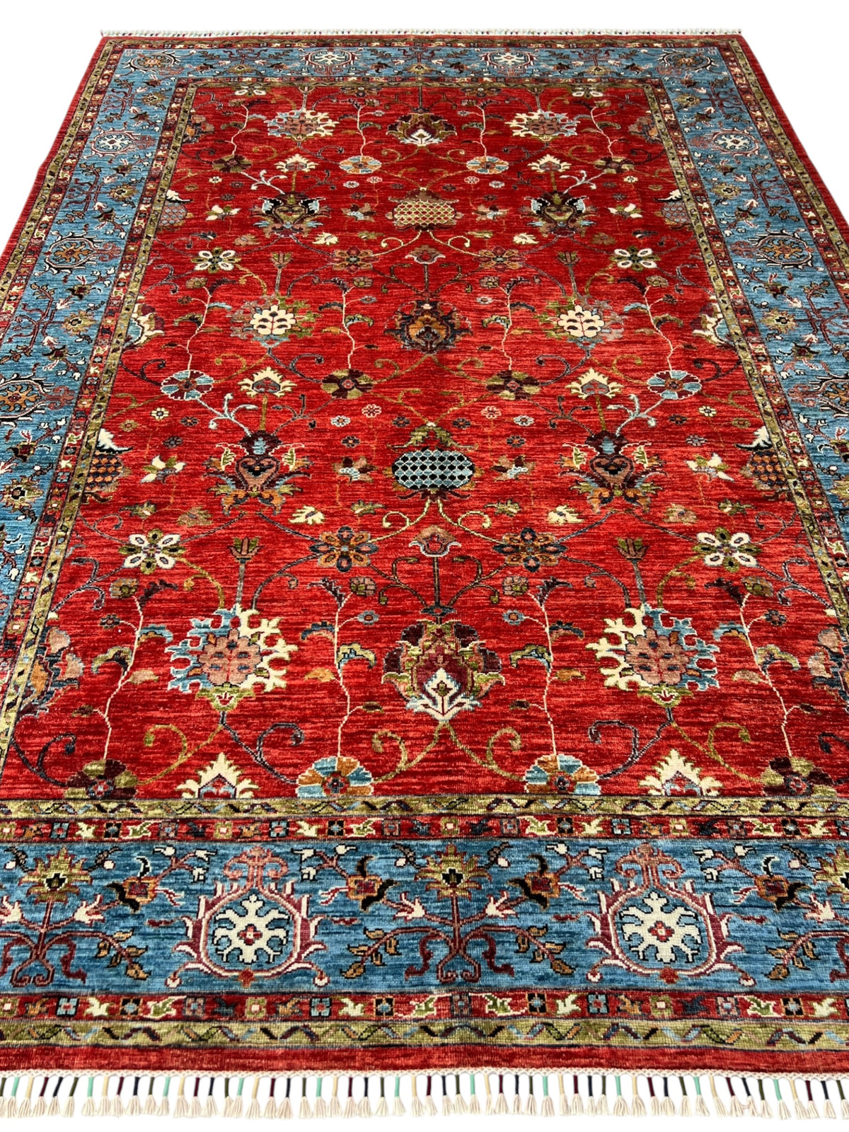 Afghan Chobi Sultani Rug 7x10 | Red, Light Blue & Ivory | Hand-Knotted Wool