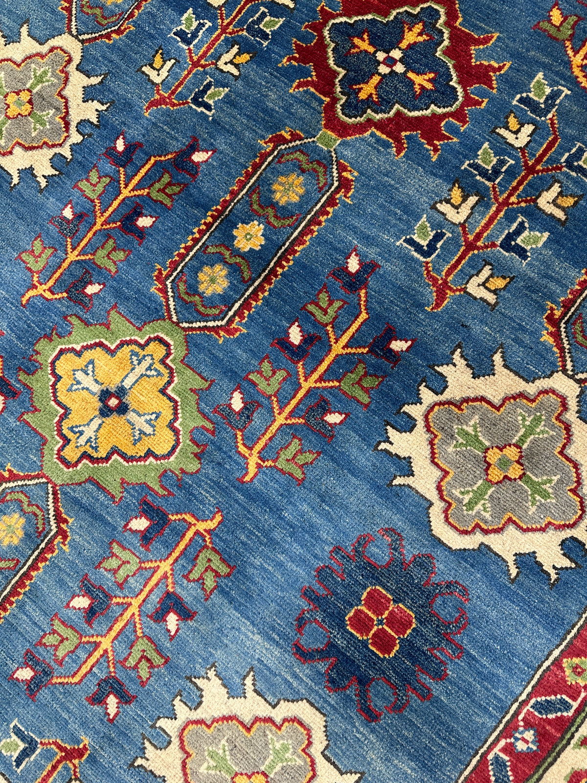 Afghan Kazak Rug 5'6" x 7'7", Hand-Knotted Wool, Blue, Red & Beige, view 6