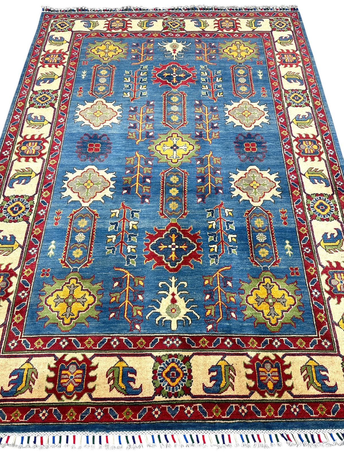 Afghan Kazak Rug 5'6" x 7'7", Hand-Knotted Wool, Blue, Red & Beige, view 3