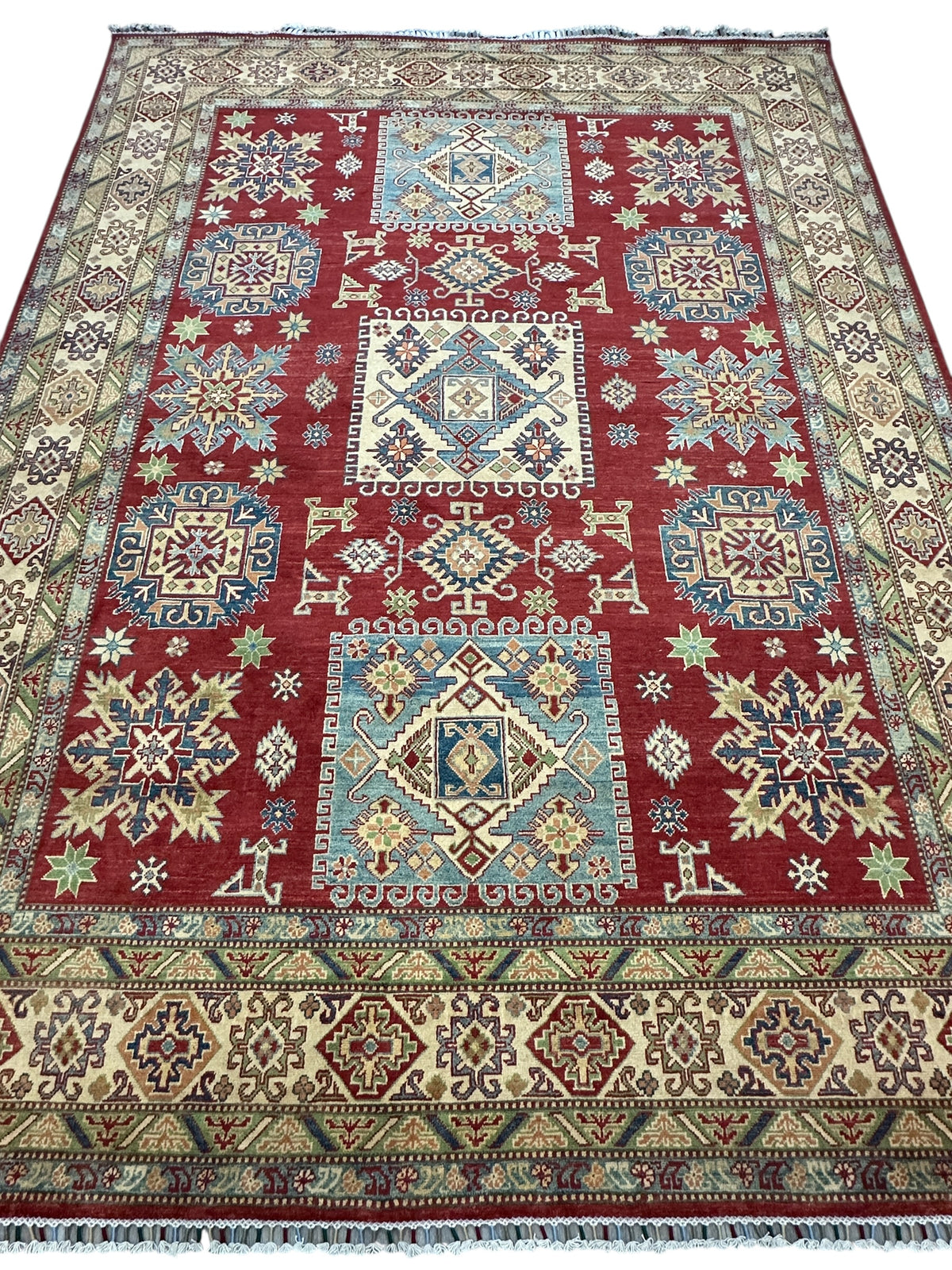Afghan Kazak Rug 8'10" x 11'11", Hand-Knotted Wool, Cream & Red, view 4