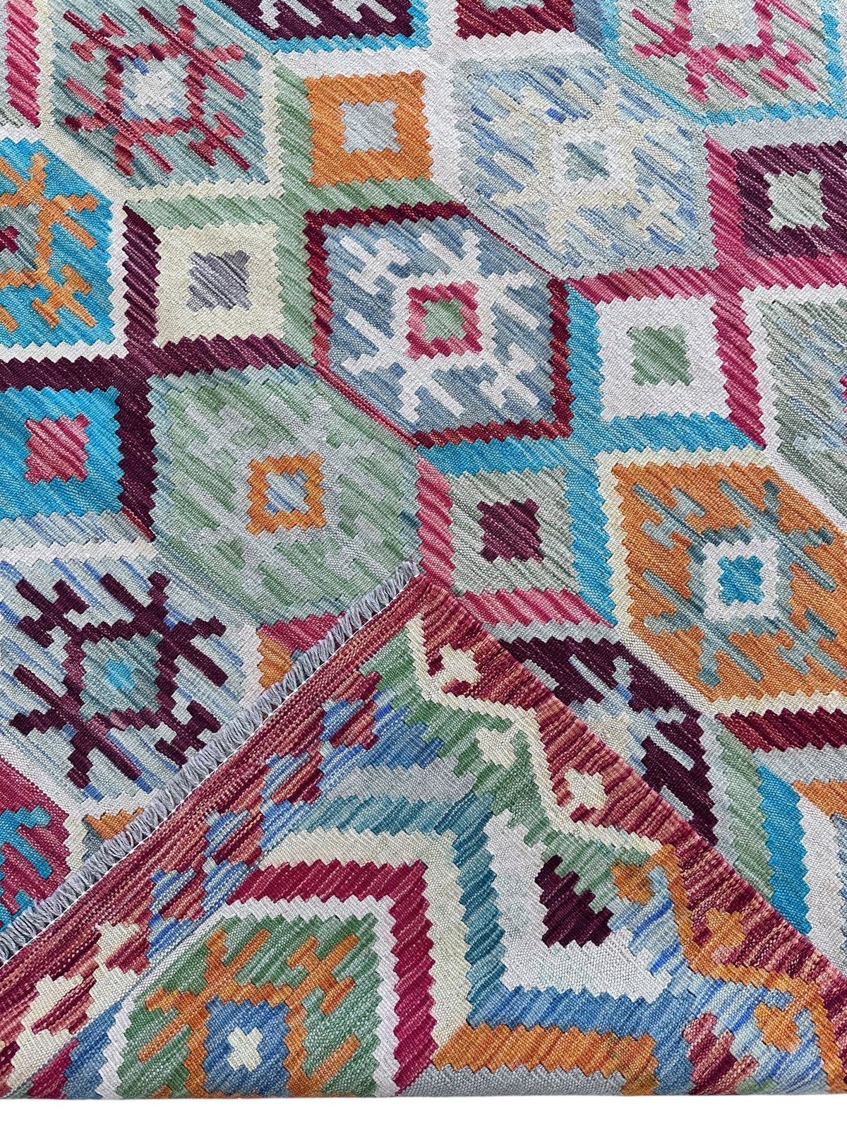 Afghan Kilim Rug 8x10, Gray, Pink & Blue, Hand-Woven Wool Flatweave, view 9